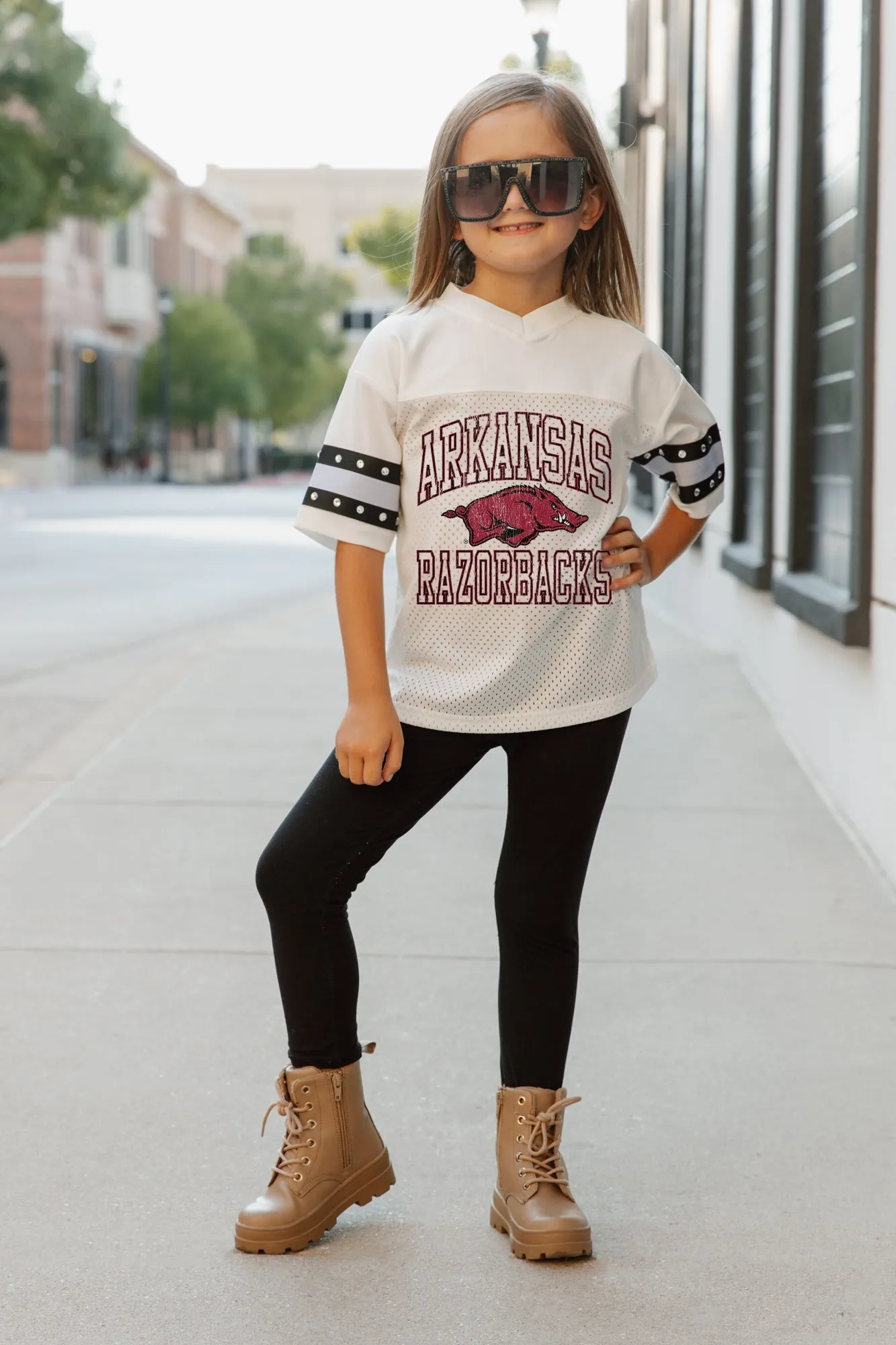 ARKANSAS RAZORBACKS A STEP AHEAD KIDS OVERSIZED V-NECK RHINESTONE-STRIPED TRIM FASHION JERSEY