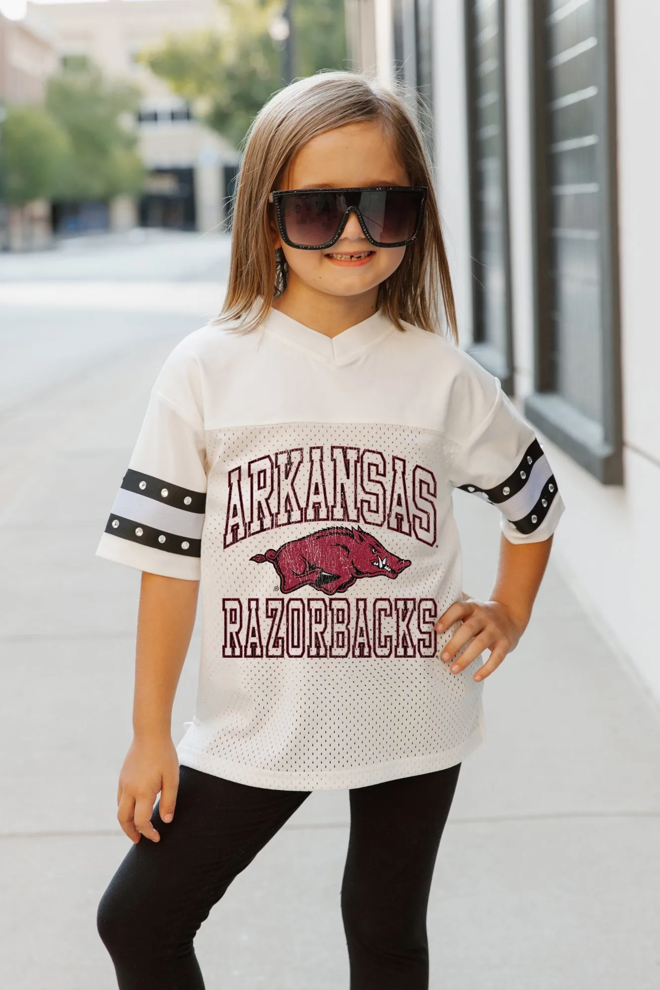 ARKANSAS RAZORBACKS A STEP AHEAD KIDS OVERSIZED V-NECK RHINESTONE-STRIPED TRIM FASHION JERSEY