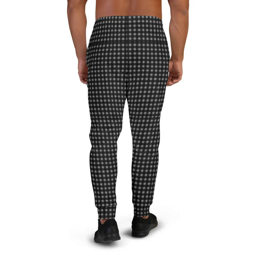 Black Grey Buffalo Men's Joggers, Plaid Print Designer Stylish Long Sweatpants-Made in EU