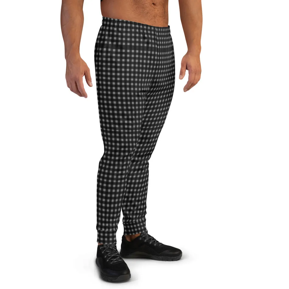 Black Grey Buffalo Men's Joggers, Plaid Print Designer Stylish Long Sweatpants-Made in EU