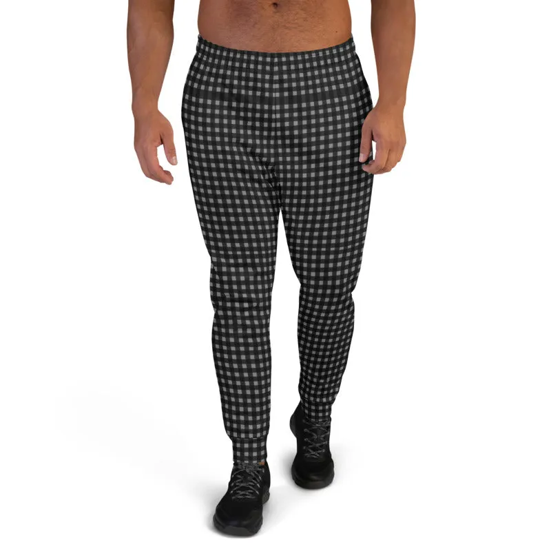 Black Grey Buffalo Men's Joggers, Plaid Print Designer Stylish Long Sweatpants-Made in EU