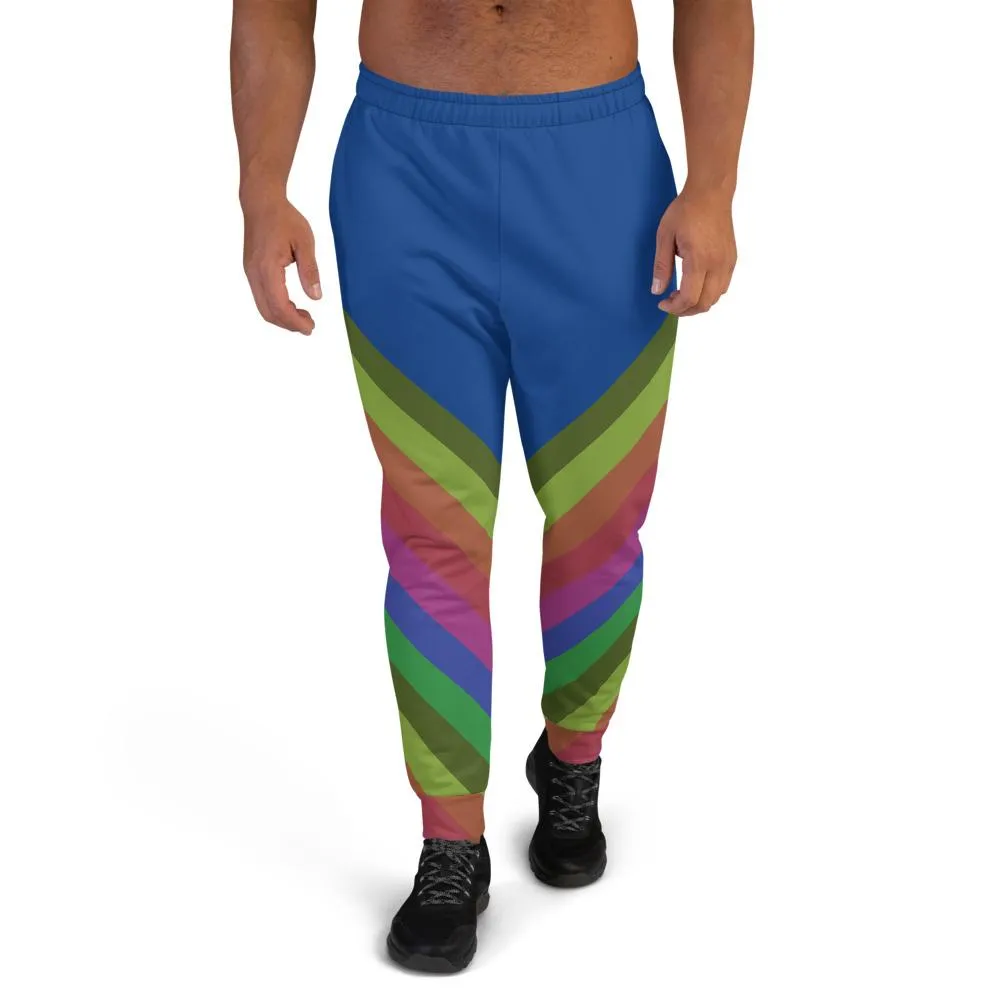 Blue Rainbow Men's Joggers, Faded Rainbow Stripe Print Rave Party Sweapants- Made in EU