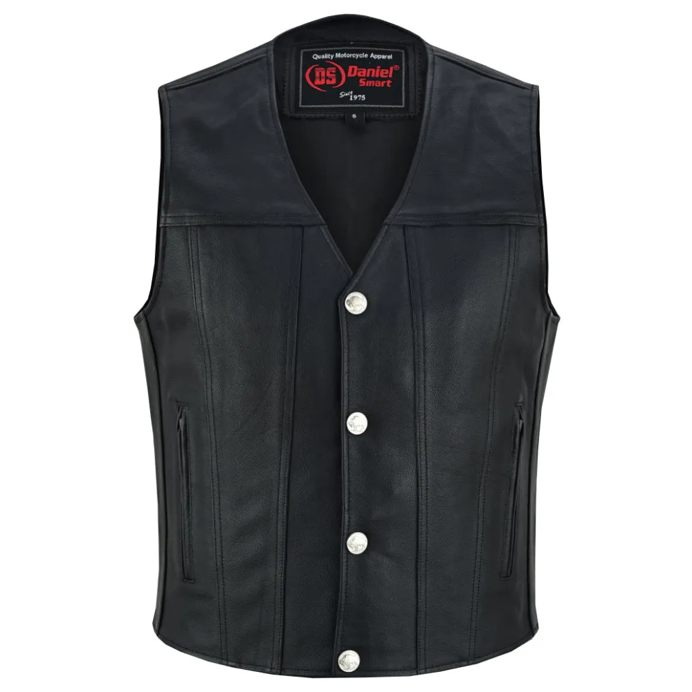 Buffalo Nickel Black Leather Vest for Men - Customizable Back & Satin Liner