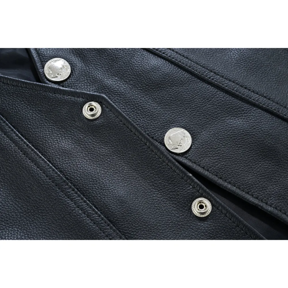 Buffalo Nickel Black Leather Vest for Men - Customizable Back & Satin Liner