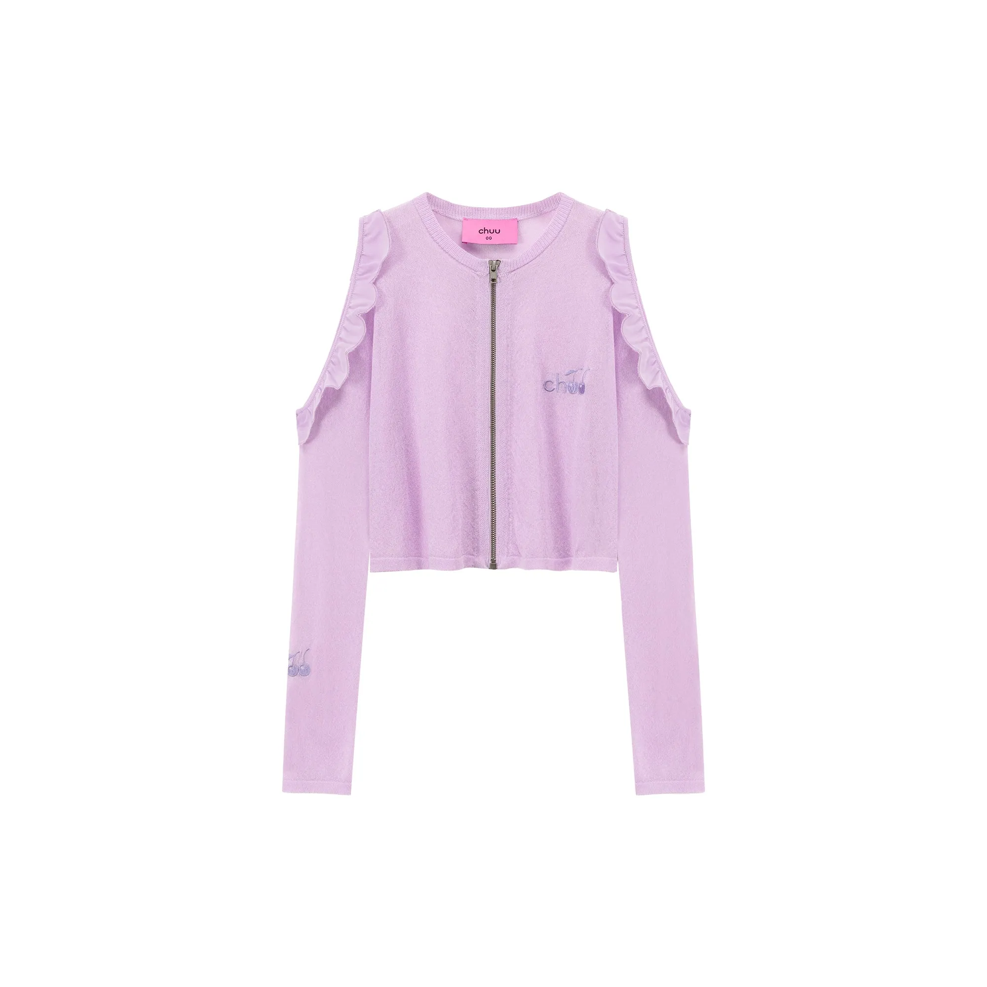 Frilly Off The Shoulder Zip-Up Cardigan