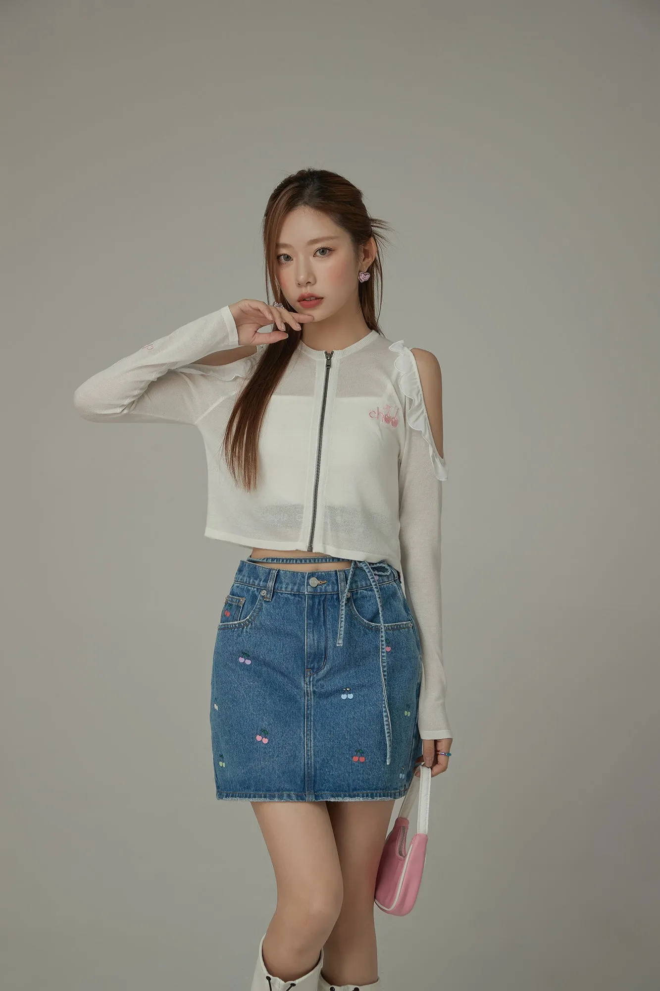 Frilly Off The Shoulder Zip-Up Cardigan