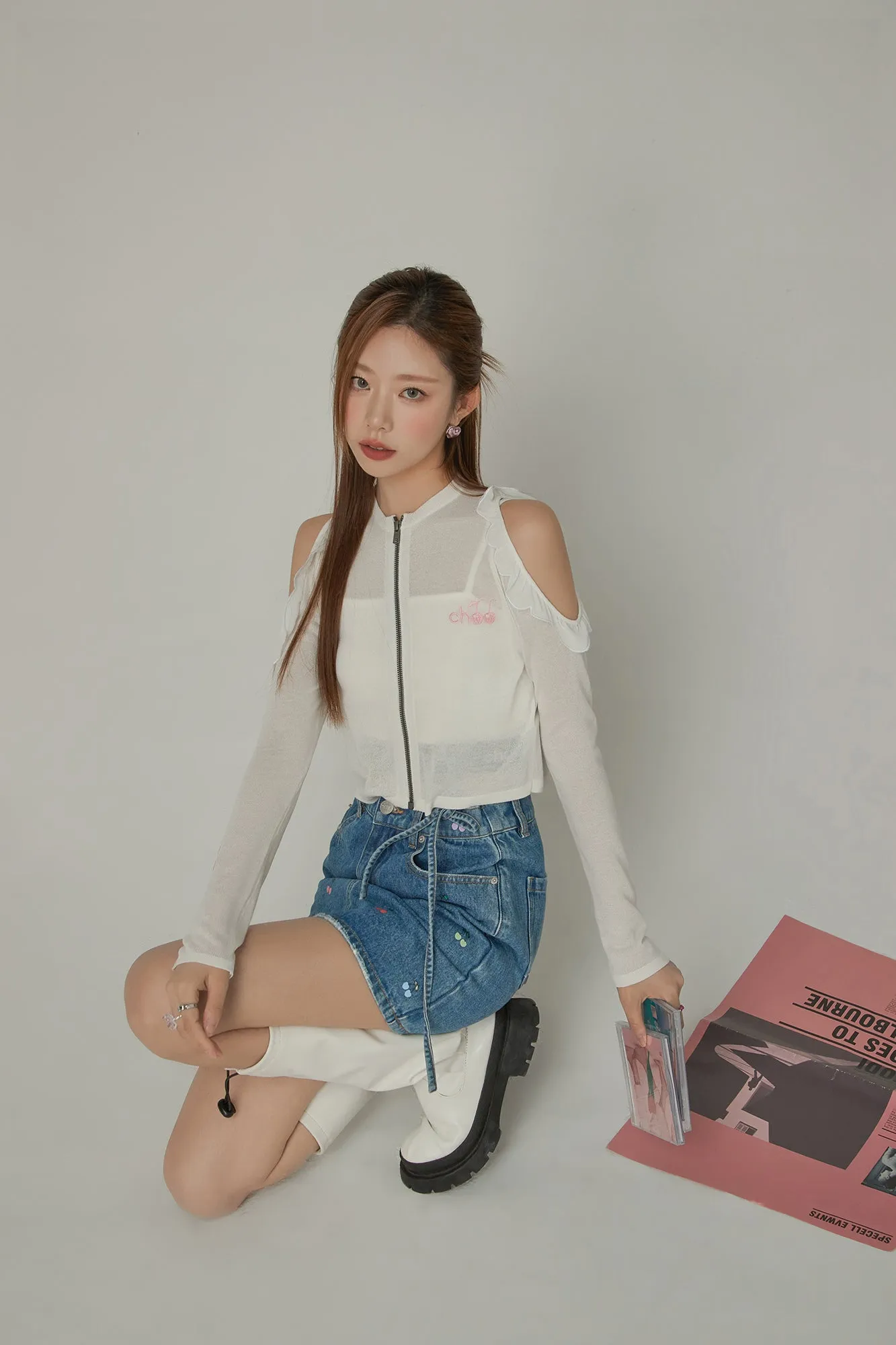 Frilly Off The Shoulder Zip-Up Cardigan