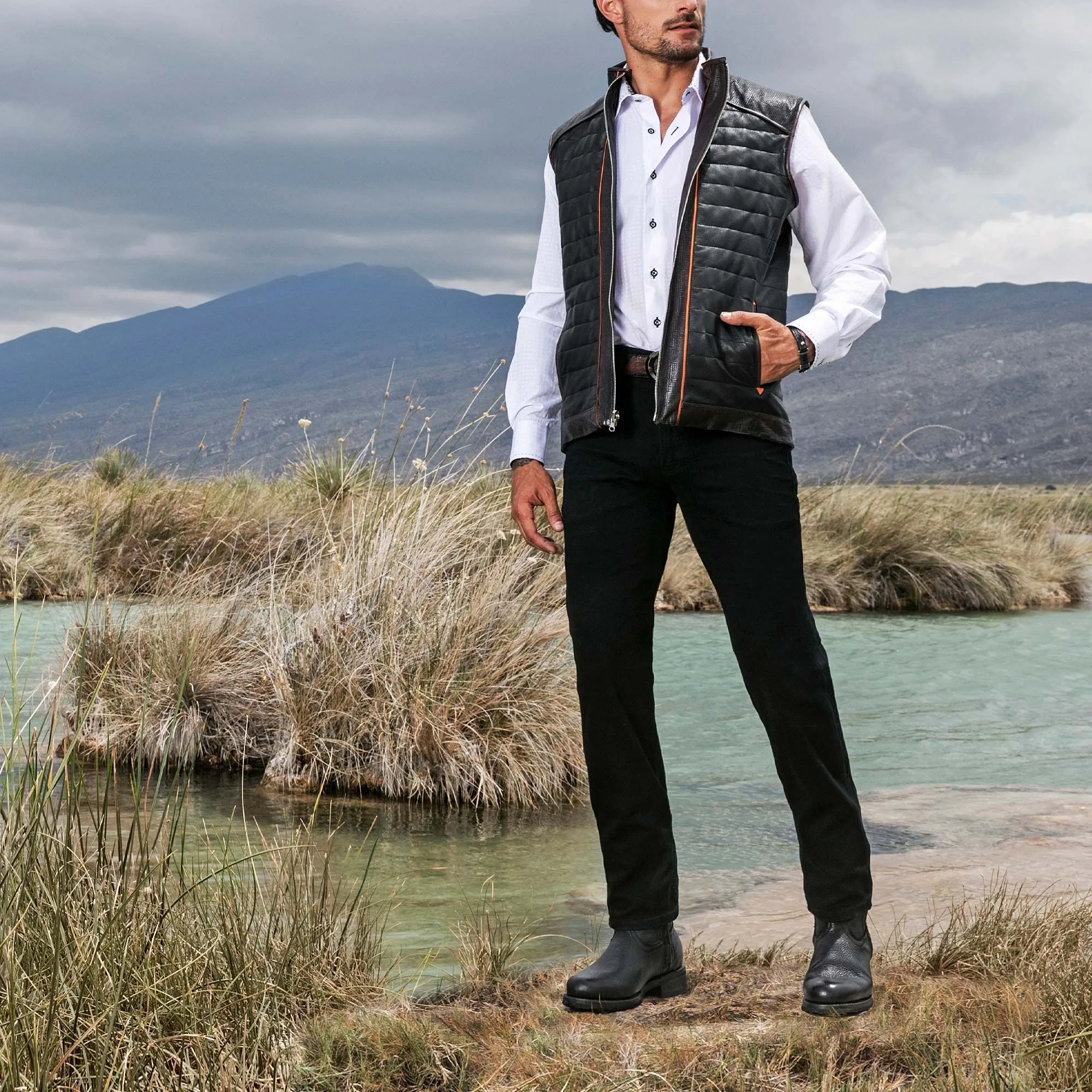 H294BOC - Cuadra black casual fashion racer sheepskin leather vest for men