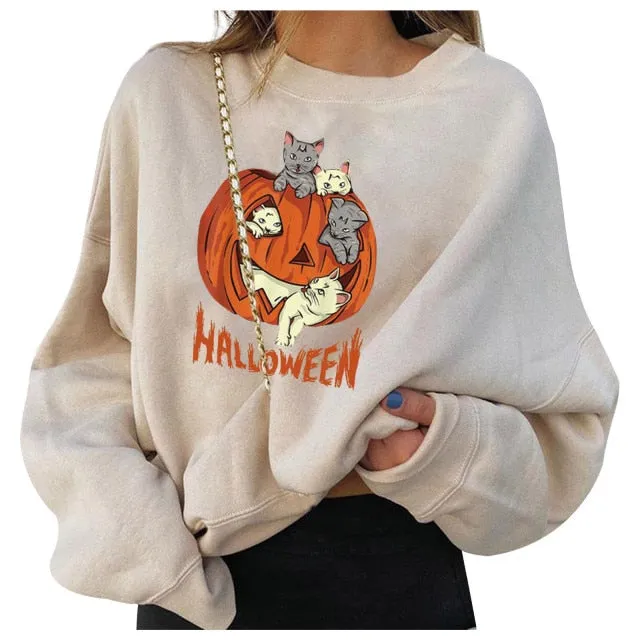 HAMSGEND Women's Clothing Solid Hoodies Halloween Fashion Women's Casual Long Sleeve Printed sweatshirt women  Hoodies
