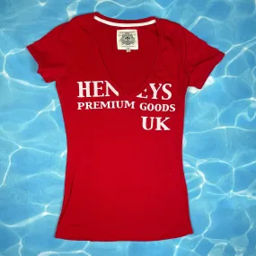 Henleys Ladies Red V Neck Logo T Shirt - Size XS