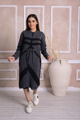 Imported Front Open Charcoal Cozy Belted Cardigan Sweater - (CGN 27)
