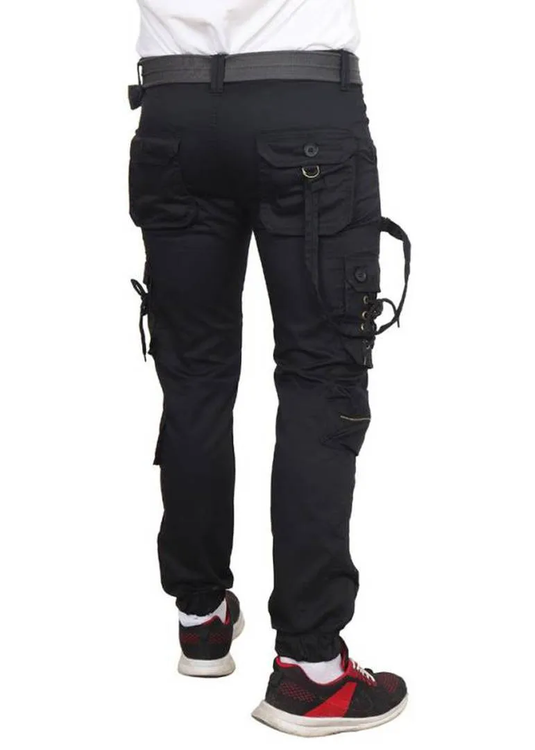 Men's Black Cotton Blend Solid Regular Fit Cargo