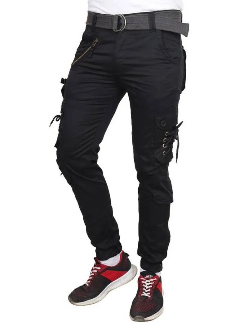 Men's Black Cotton Blend Solid Regular Fit Cargo