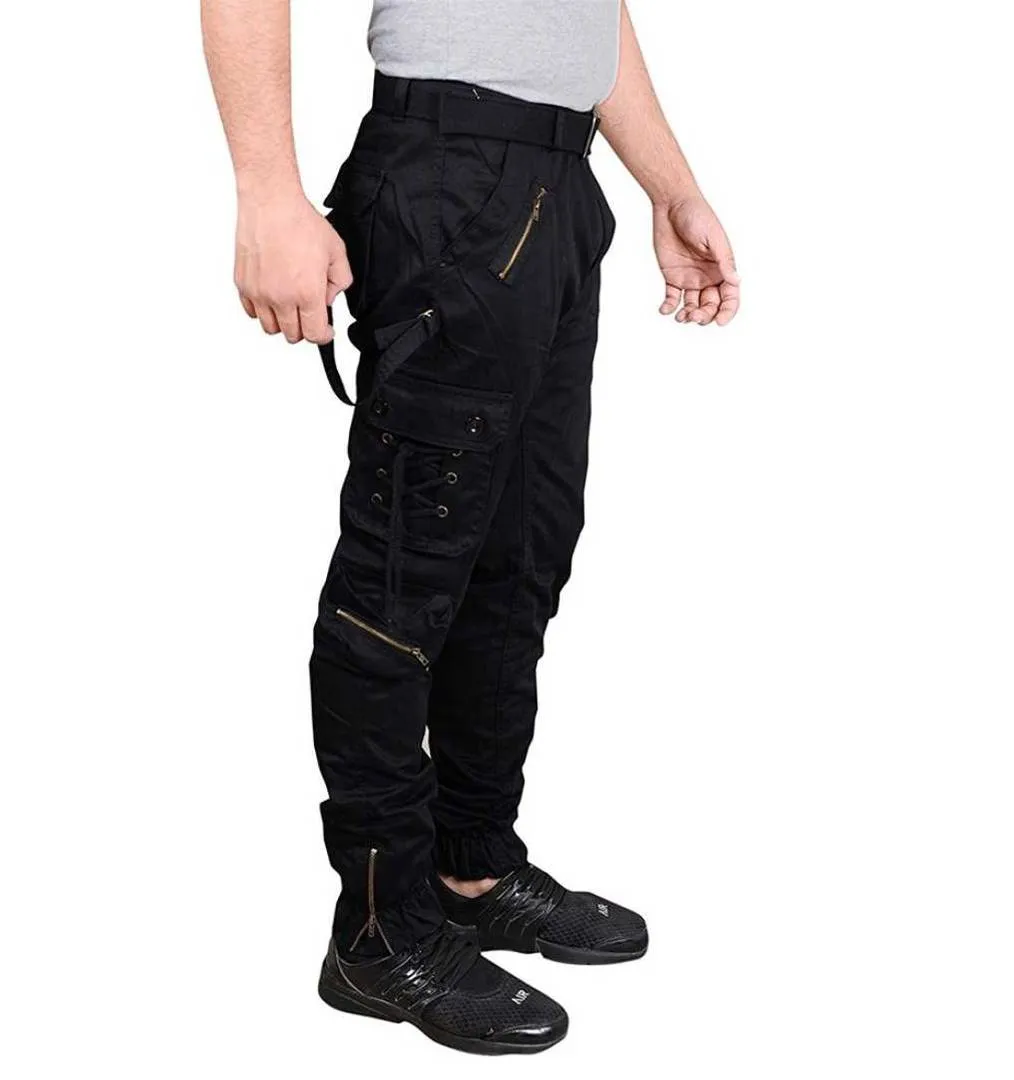 Men's Black Solid Cotton Dori Style Cargo Pants