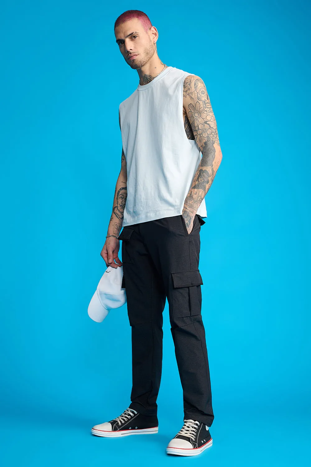 Men's Black Solid Slim Cargos