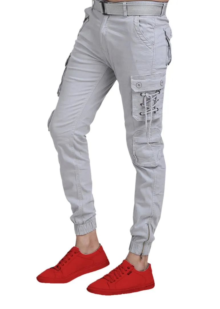 Men's Grey Cotton Blend Solid Regular Fit Cargo
