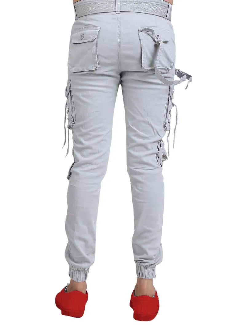 Men's Grey Cotton Blend Solid Regular Fit Cargo