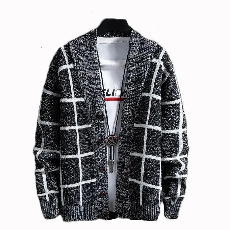 Mens Shawl Collar Block Plaid Cardigan