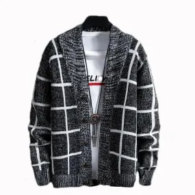 Mens Shawl Collar Block Plaid Cardigan
