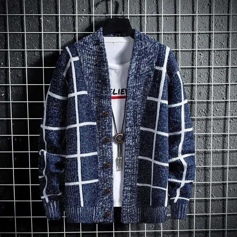 Mens Shawl Collar Block Plaid Cardigan