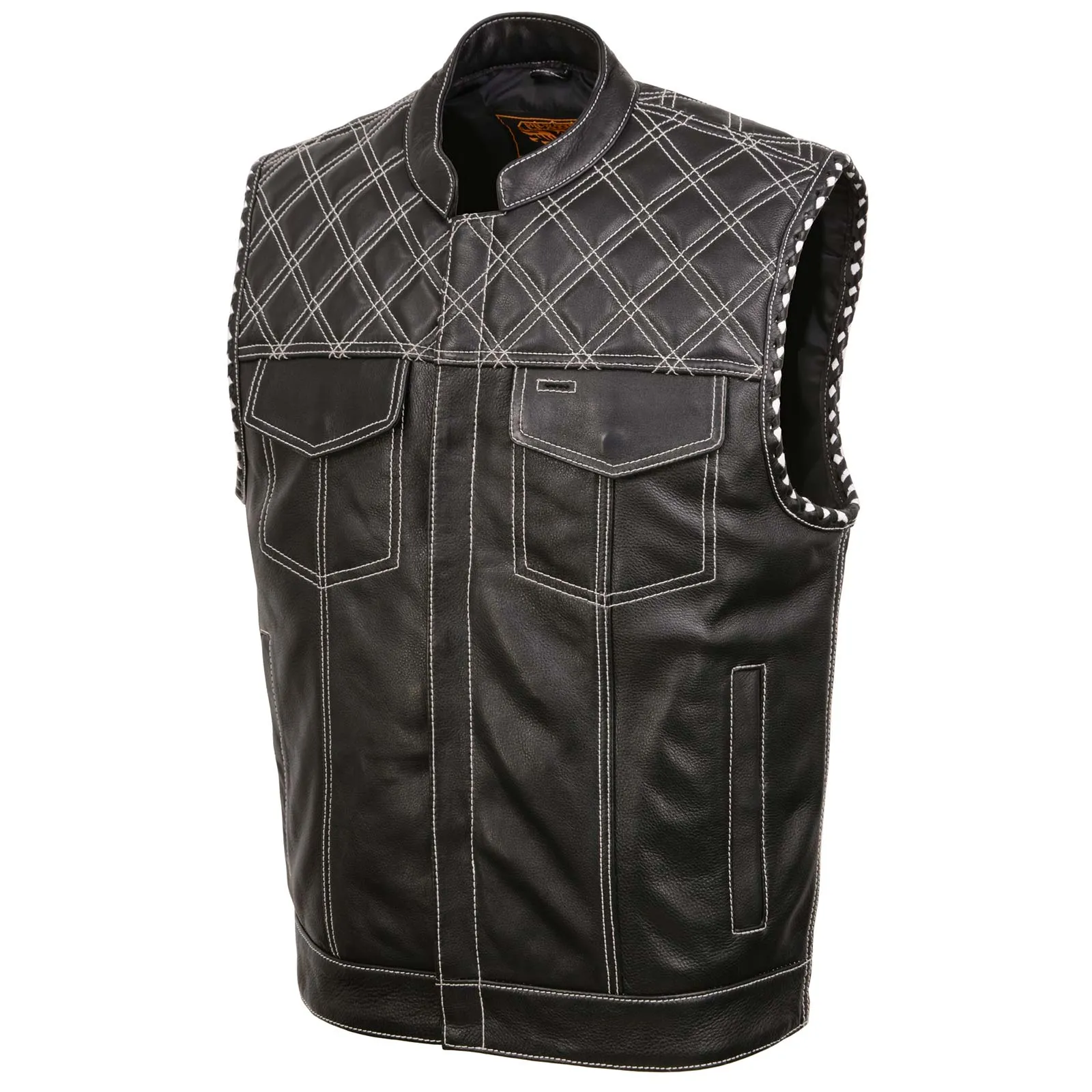 MLM3525 Men's Black 'Paisley' Accented White Stitching Leather Vest  w/Armhole Trim Open Collar Design