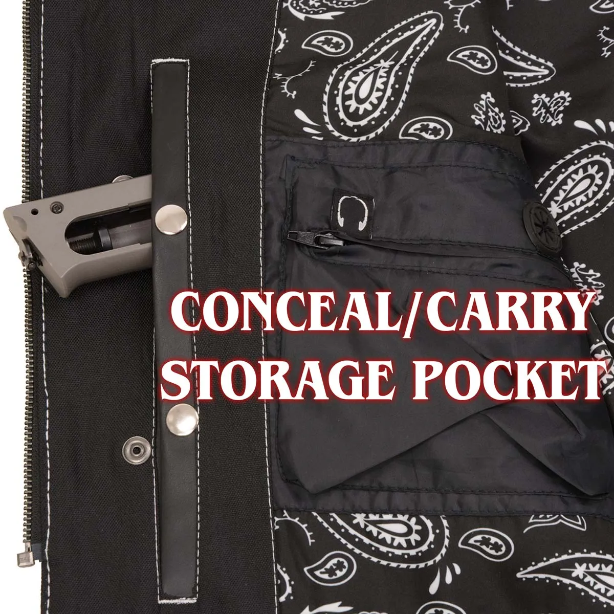 MLM3525 Men's Black 'Paisley' Accented White Stitching Leather Vest  w/Armhole Trim Open Collar Design