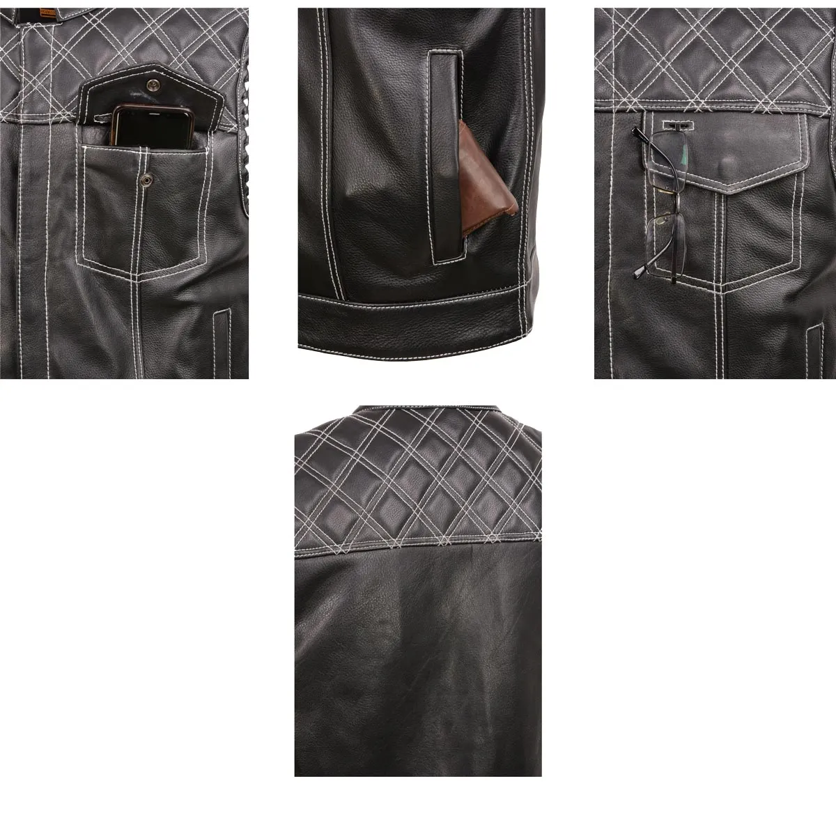MLM3525 Men's Black 'Paisley' Accented White Stitching Leather Vest  w/Armhole Trim Open Collar Design