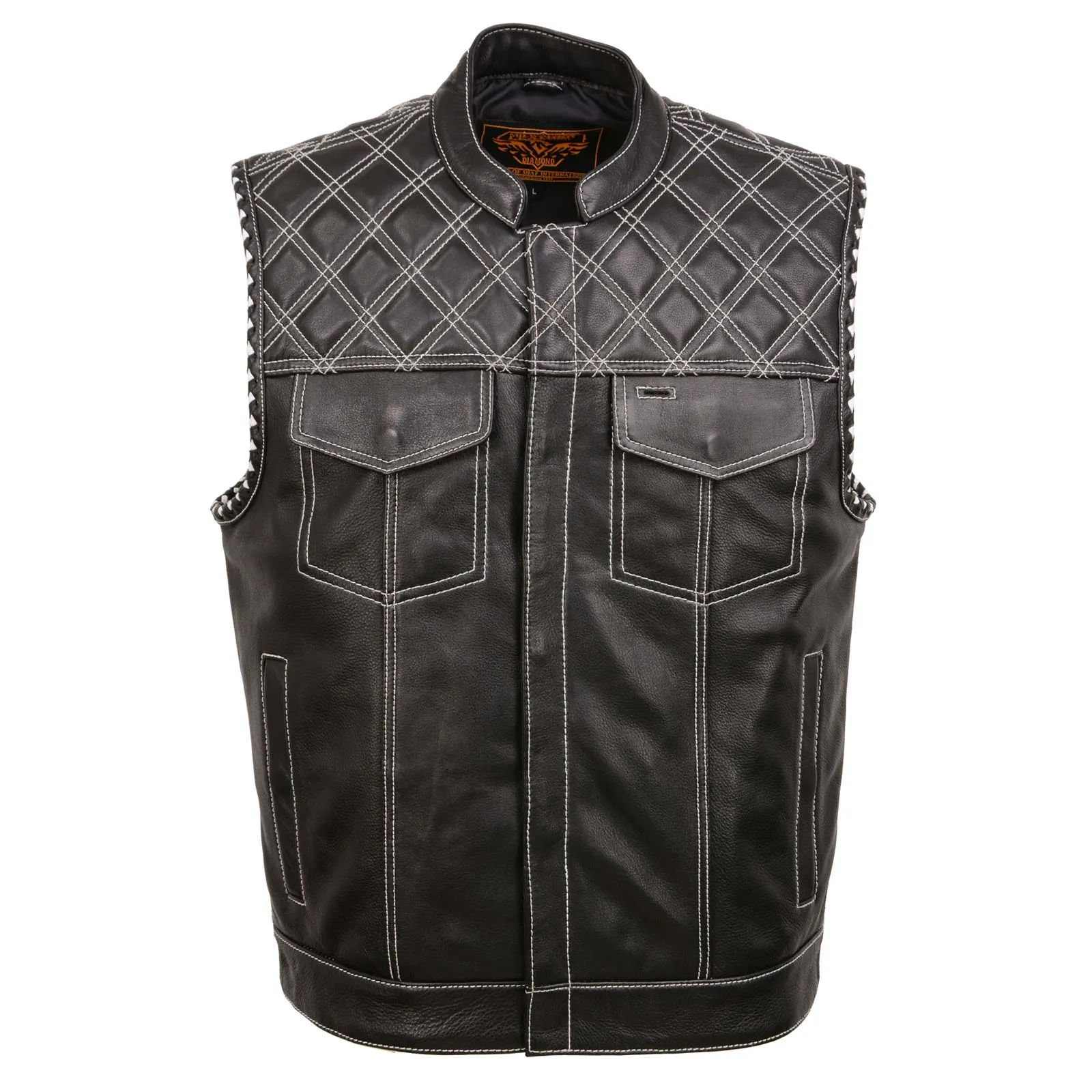 MLM3525 Men's Black 'Paisley' Accented White Stitching Leather Vest  w/Armhole Trim Open Collar Design