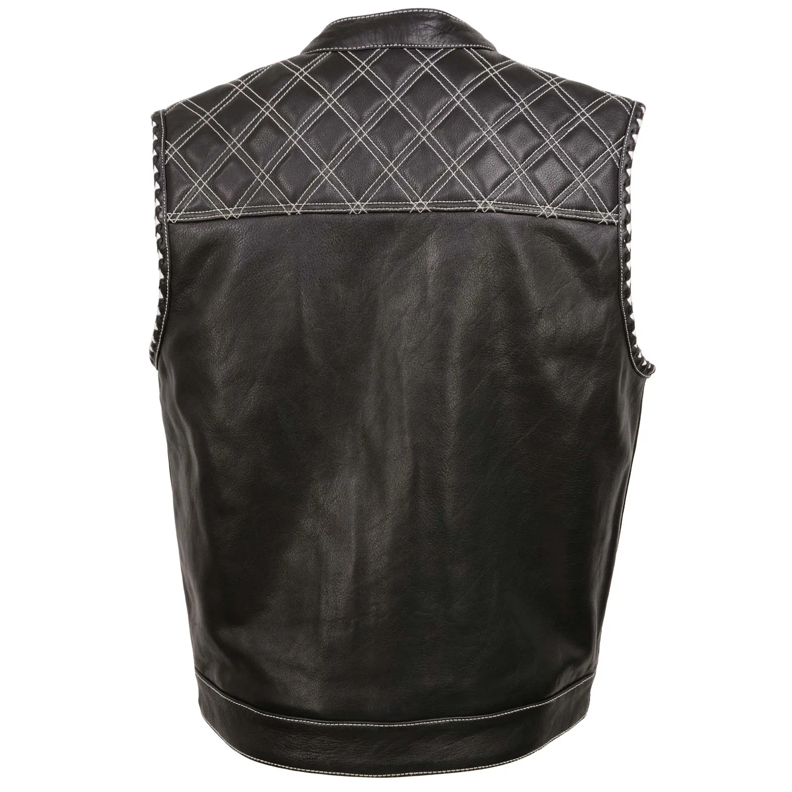 MLM3525 Men's Black 'Paisley' Accented White Stitching Leather Vest  w/Armhole Trim Open Collar Design