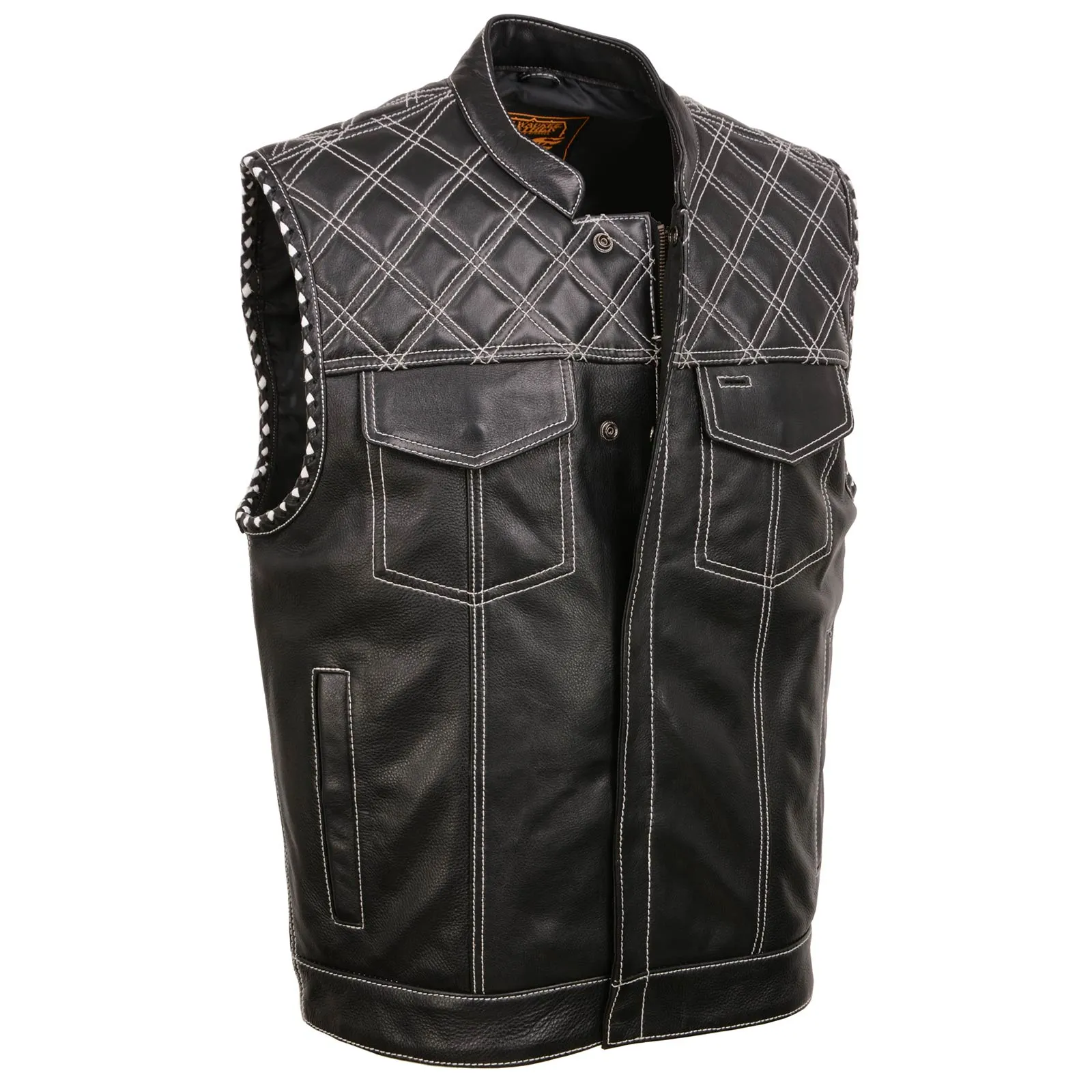 MLM3525 Men's Black 'Paisley' Accented White Stitching Leather Vest  w/Armhole Trim Open Collar Design