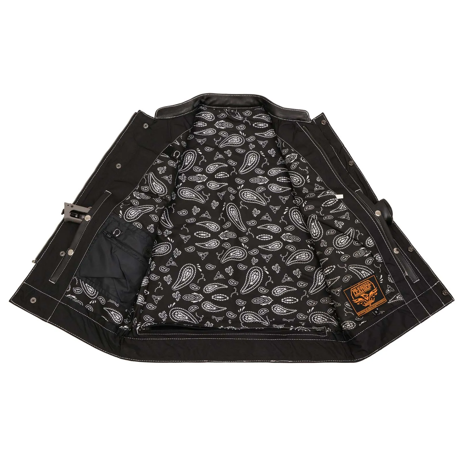 MLM3525 Men's Black 'Paisley' Accented White Stitching Leather Vest  w/Armhole Trim Open Collar Design