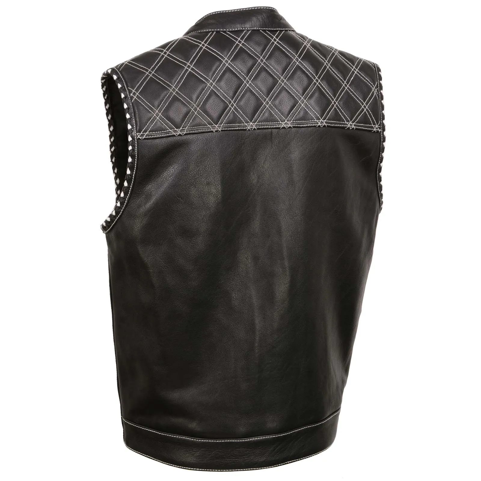 MLM3525 Men's Black 'Paisley' Accented White Stitching Leather Vest  w/Armhole Trim Open Collar Design