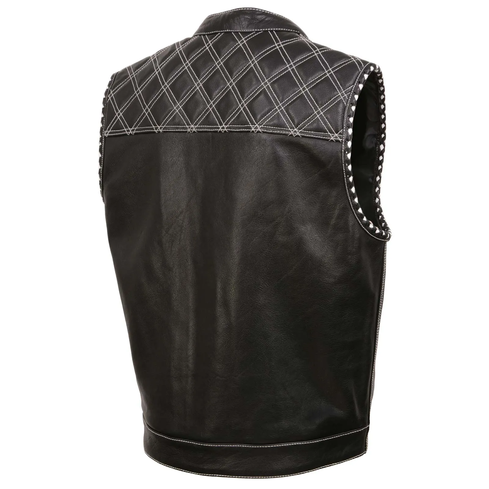 MLM3525 Men's Black 'Paisley' Accented White Stitching Leather Vest  w/Armhole Trim Open Collar Design