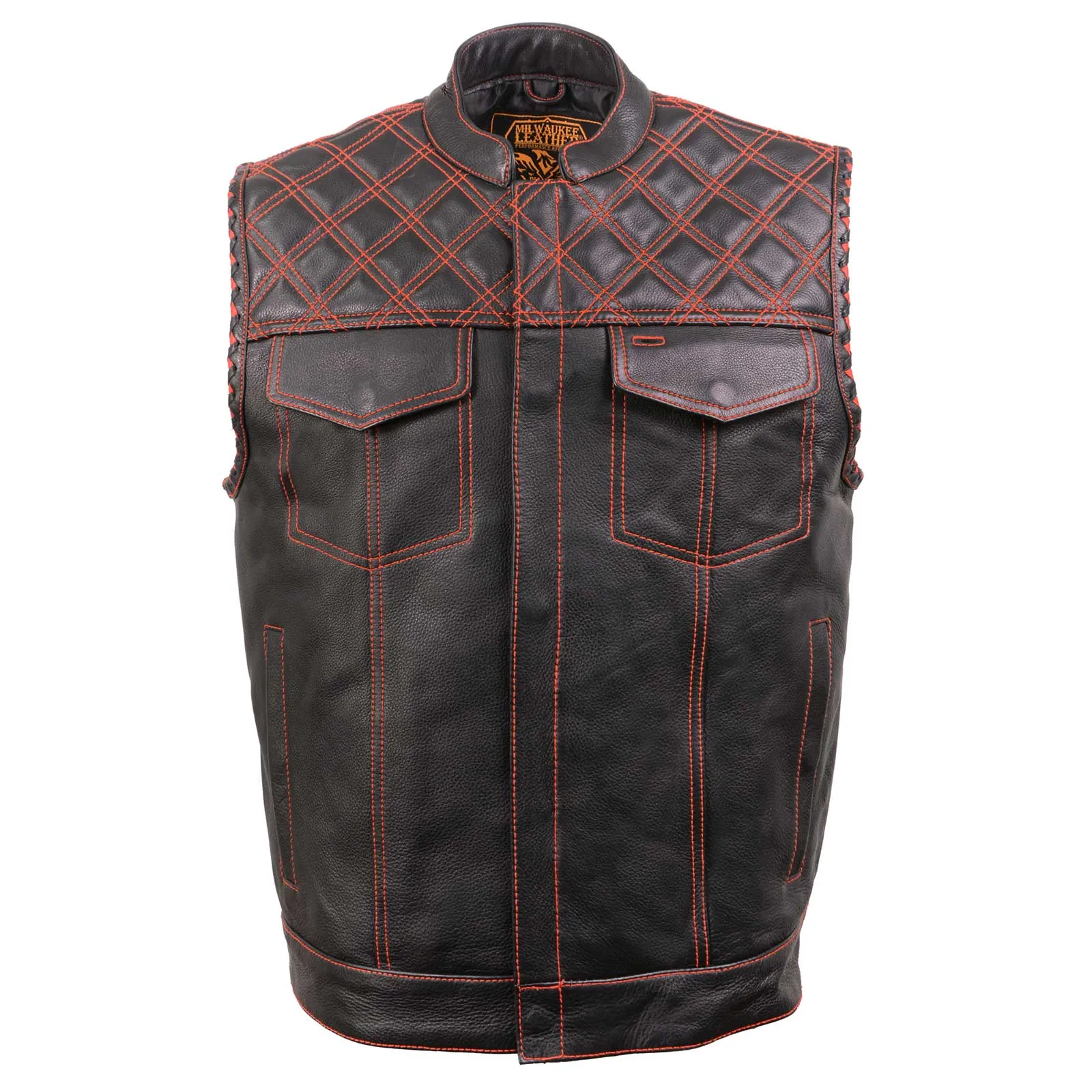 MLM3526 Men's Black 'Paisley' Accented Red Stitching Leather Vest  w/ Armhole Trim Open Collar Design