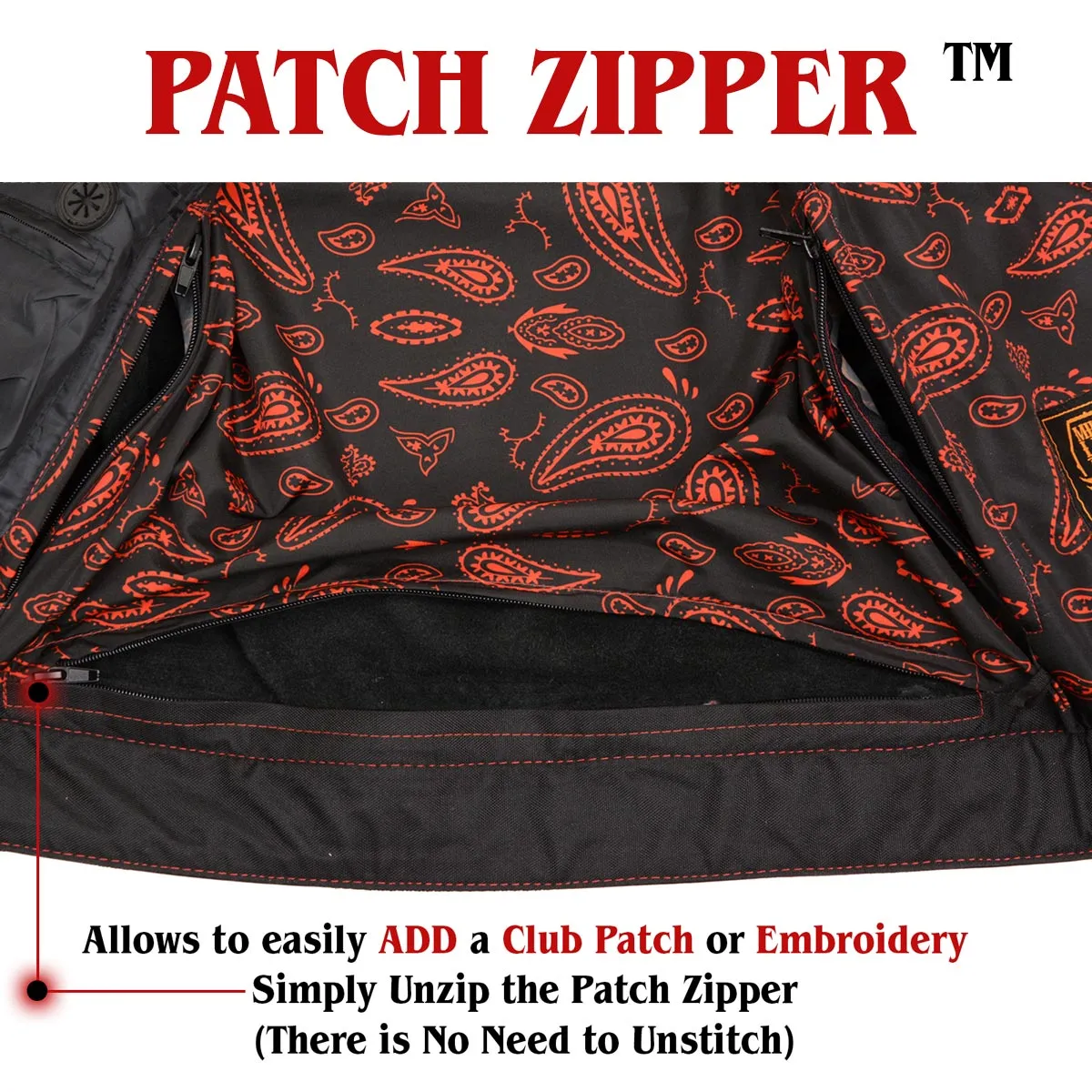 MLM3526 Men's Black 'Paisley' Accented Red Stitching Leather Vest  w/ Armhole Trim Open Collar Design
