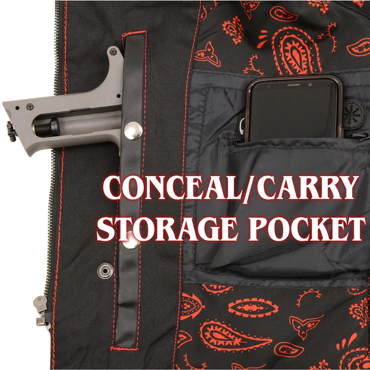 MLM3526 Men's Black 'Paisley' Accented Red Stitching Leather Vest  w/ Armhole Trim Open Collar Design