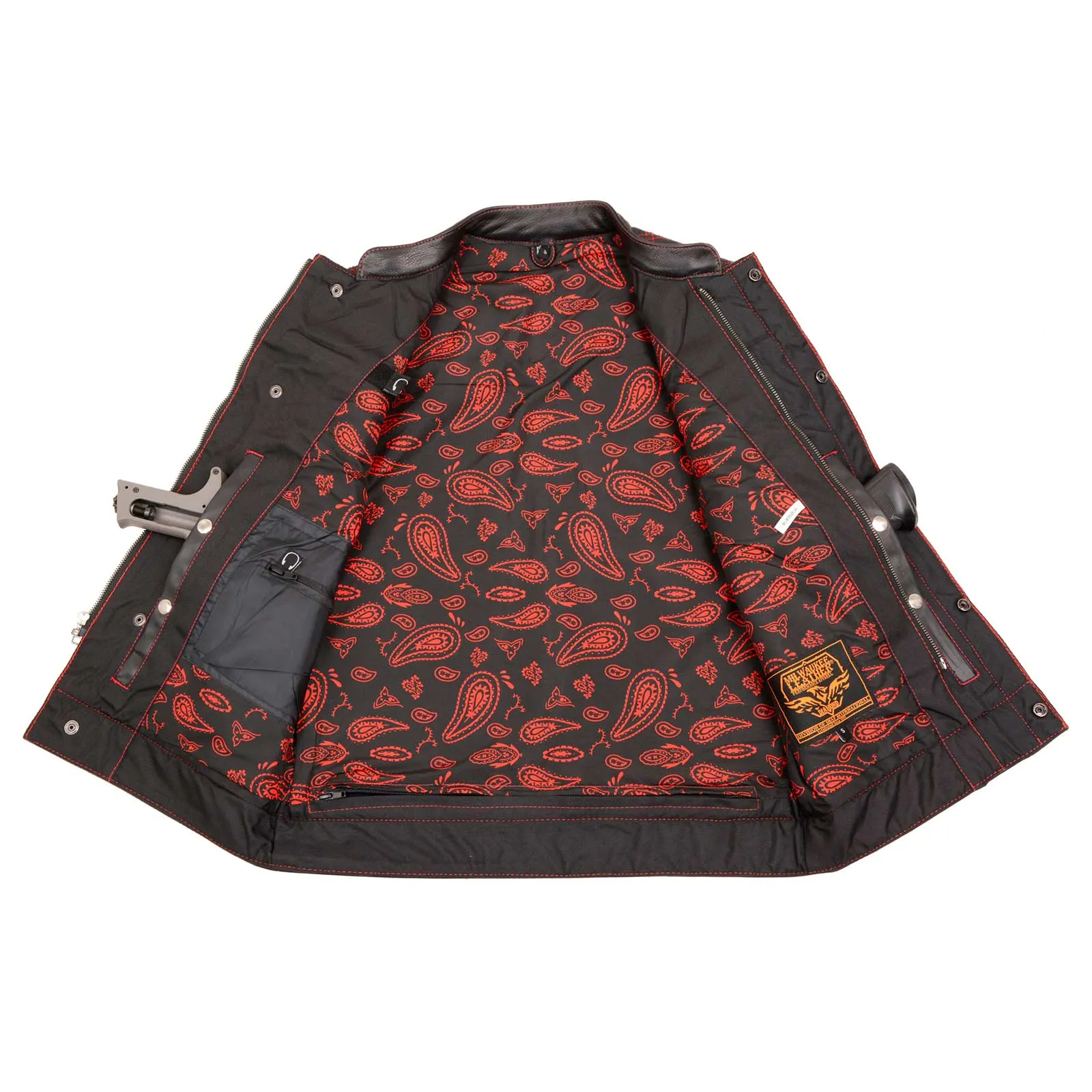 MLM3526 Men's Black 'Paisley' Accented Red Stitching Leather Vest  w/ Armhole Trim Open Collar Design