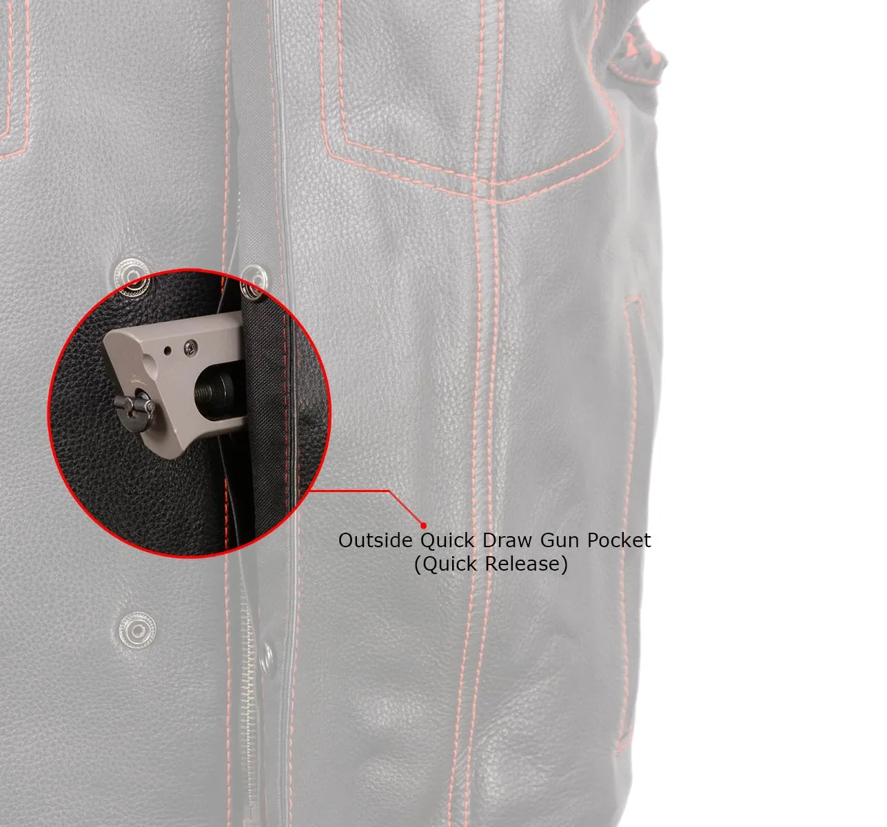 MLM3526 Men's Black 'Paisley' Accented Red Stitching Leather Vest  w/ Armhole Trim Open Collar Design