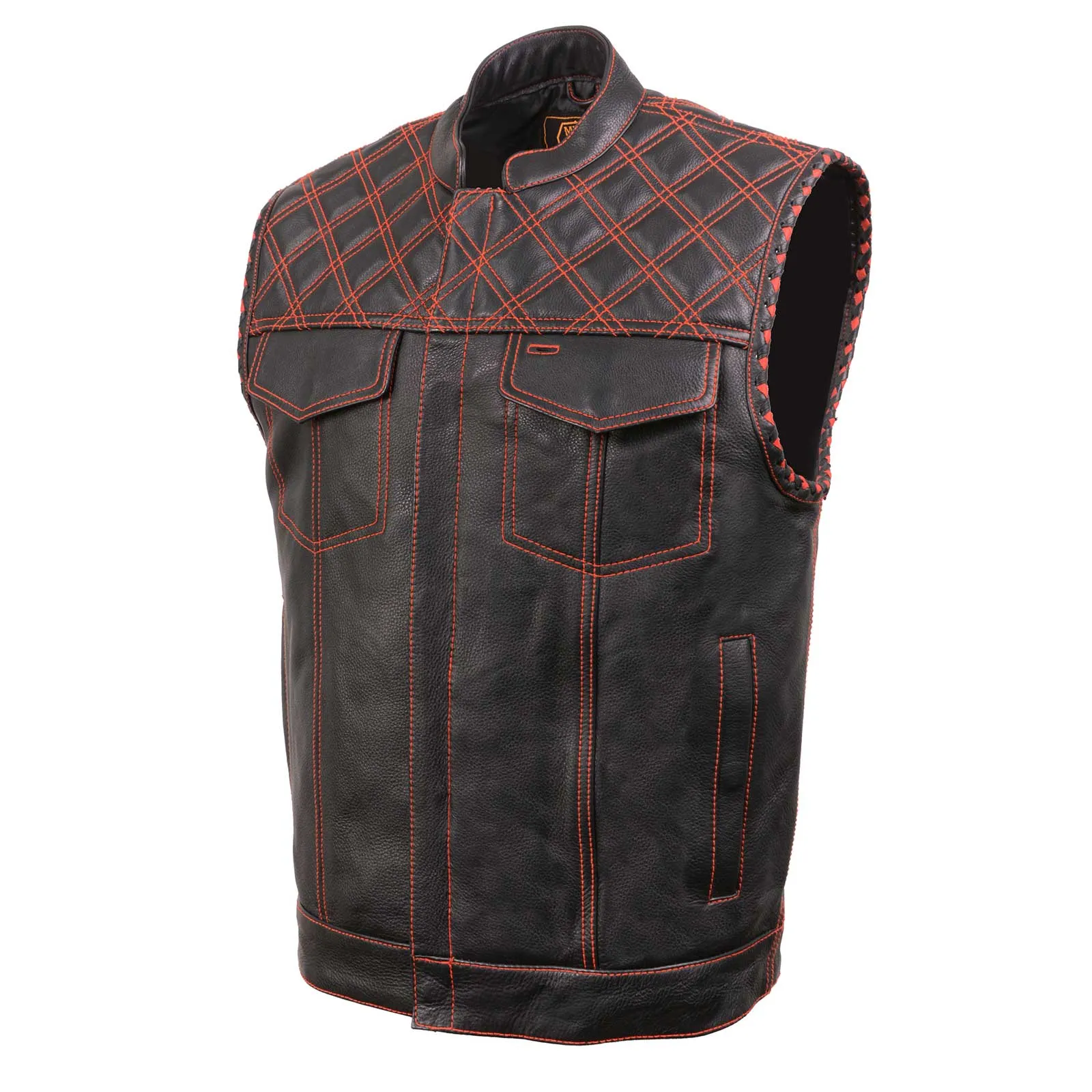 MLM3526 Men's Black 'Paisley' Accented Red Stitching Leather Vest  w/ Armhole Trim Open Collar Design