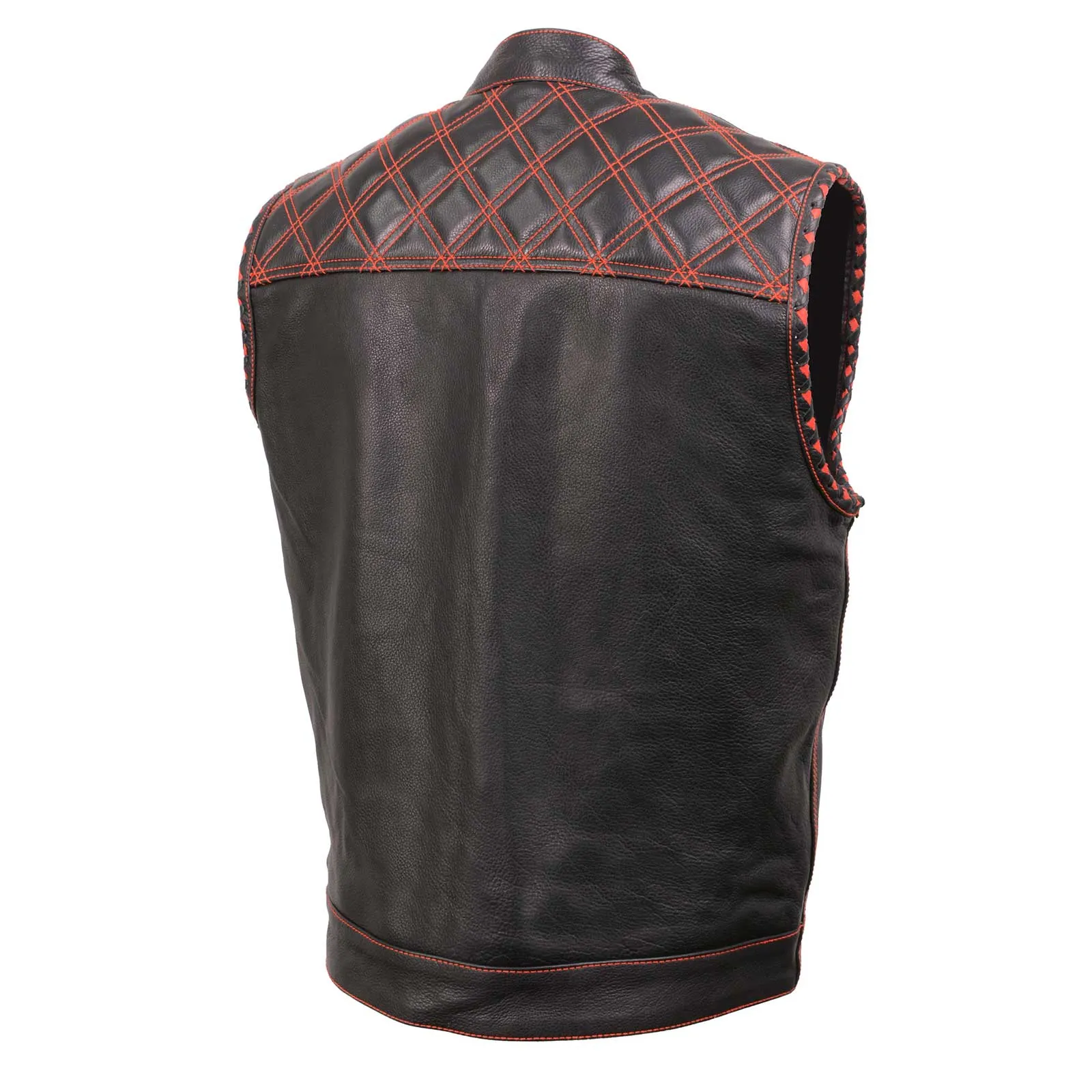 MLM3526 Men's Black 'Paisley' Accented Red Stitching Leather Vest  w/ Armhole Trim Open Collar Design