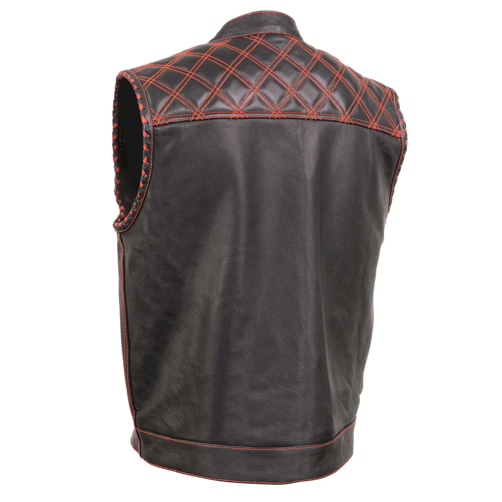 MLM3526 Men's Black 'Paisley' Accented Red Stitching Leather Vest  w/ Armhole Trim Open Collar Design