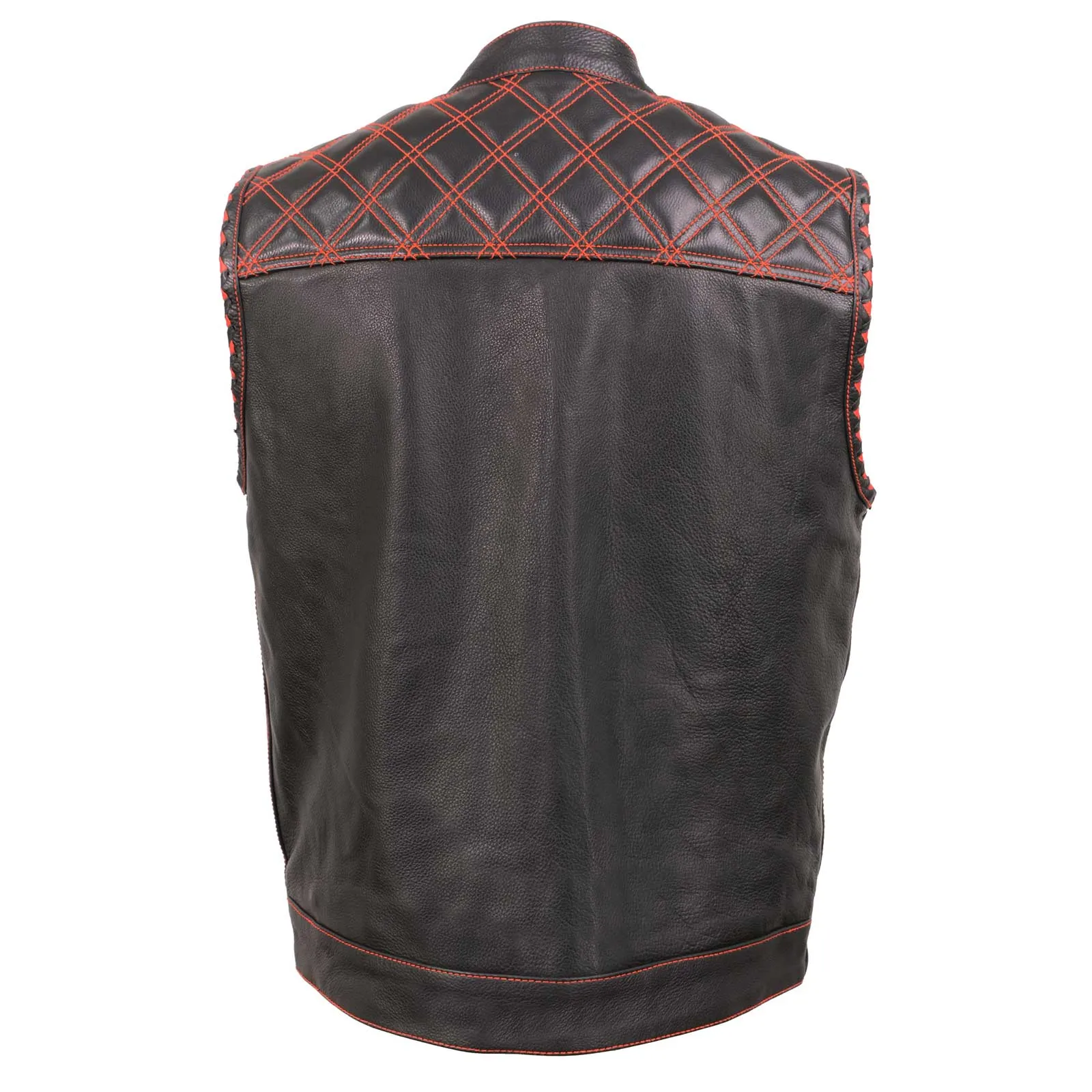 MLM3526 Men's Black 'Paisley' Accented Red Stitching Leather Vest  w/ Armhole Trim Open Collar Design