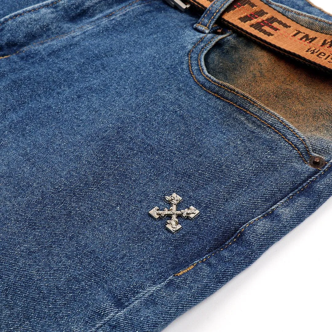 O.W Virgil Abloh Collection Two-Toned Executive Denim Label Jeans- Blue