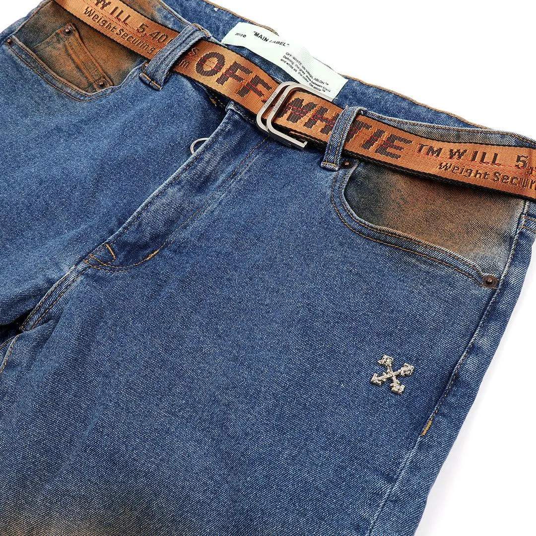 O.W Virgil Abloh Collection Two-Toned Executive Denim Label Jeans- Blue