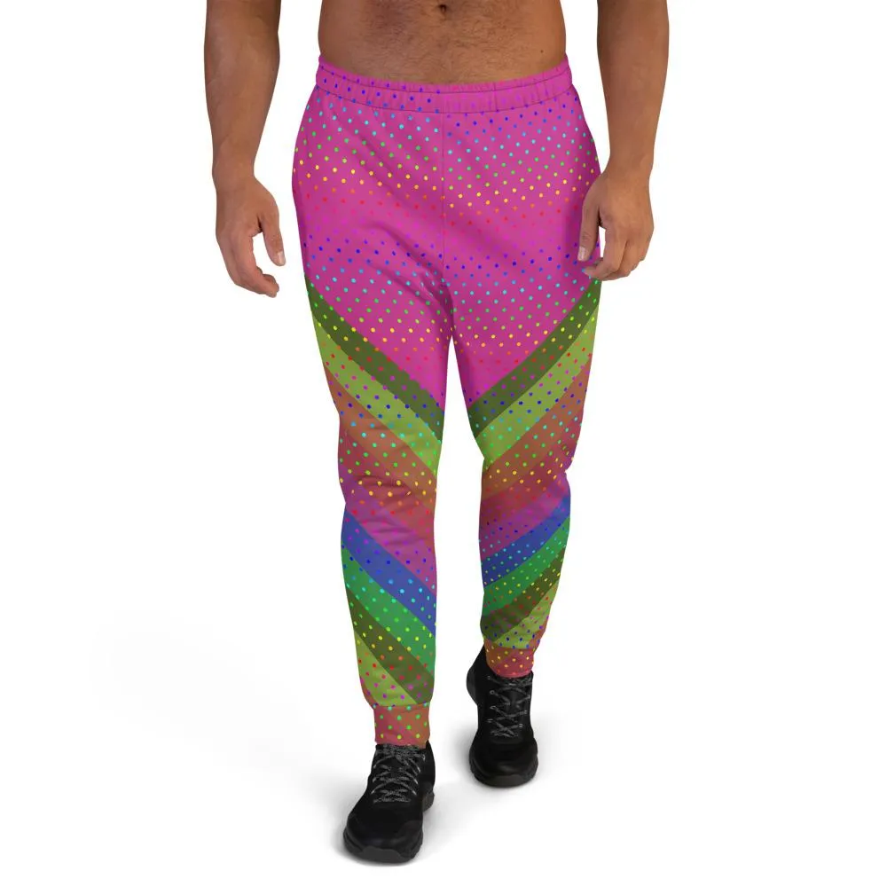 Pink Rainbow Men's Joggers, Rainbow Stripe Polka Dots Colorful Men's Joggers - Made in EU