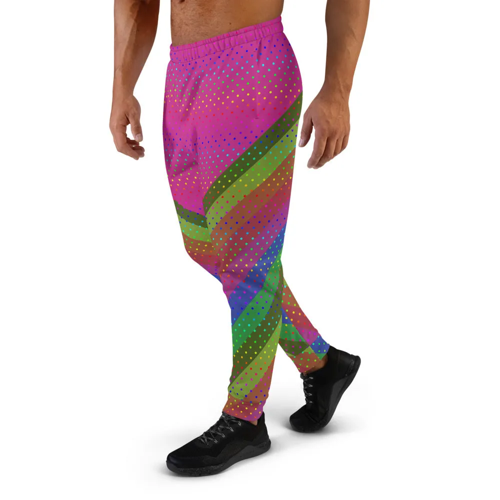 Pink Rainbow Men's Joggers, Rainbow Stripe Polka Dots Colorful Men's Joggers - Made in EU
