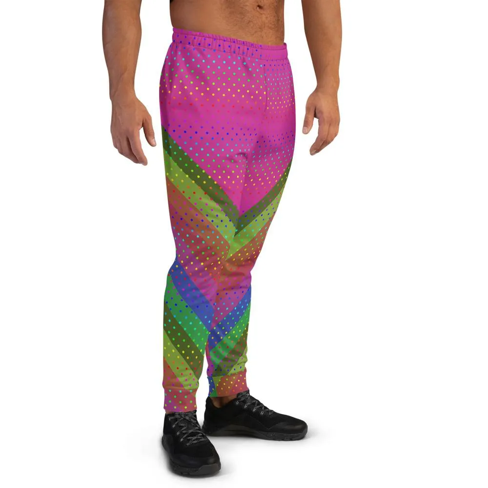 Pink Rainbow Men's Joggers, Rainbow Stripe Polka Dots Colorful Men's Joggers - Made in EU
