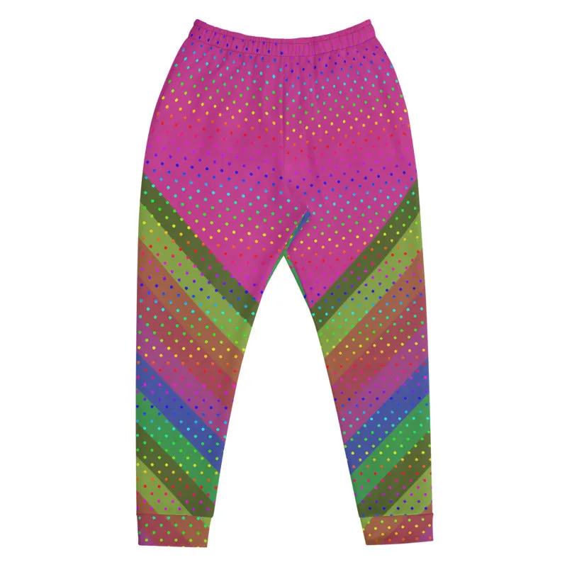 Pink Rainbow Men's Joggers, Rainbow Stripe Polka Dots Colorful Men's Joggers - Made in EU