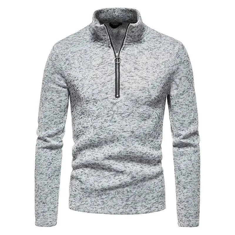Winter Men's Sweater Placket Zipper Design Solid Color